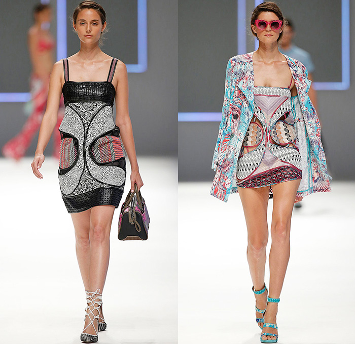 Custo Barcelona 2016 Spring Summer Womens Runway Catwalk Looks - 080 Barcelona Fashion Catalonia Catalan Spain - Jeans Sheer Chiffon Mesh Lace Lasercut Cutout Tunic Blouse Multi-Panel Mix Match Bralette Flowers Florals Leaves Foliage Print Motif Ornamental Print Swim Bikini Geometric Halter Top Maxi Dress Pants Trousers Knit Onesie Jumpsuit Coveralls Shorts Jacket Noodle Strap Fringes Handbag