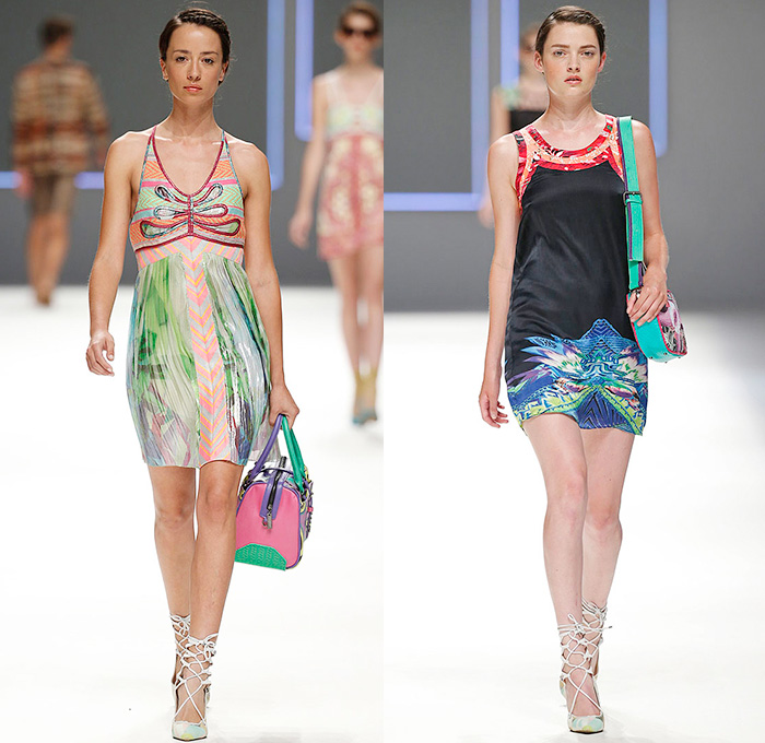 Custo Barcelona 2016 Spring Summer Womens Runway Catwalk Looks - 080 Barcelona Fashion Catalonia Catalan Spain - Jeans Sheer Chiffon Mesh Lace Lasercut Cutout Tunic Blouse Multi-Panel Mix Match Bralette Flowers Florals Leaves Foliage Print Motif Ornamental Print Swim Bikini Geometric Halter Top Maxi Dress Pants Trousers Knit Onesie Jumpsuit Coveralls Shorts Jacket Noodle Strap Fringes Handbag