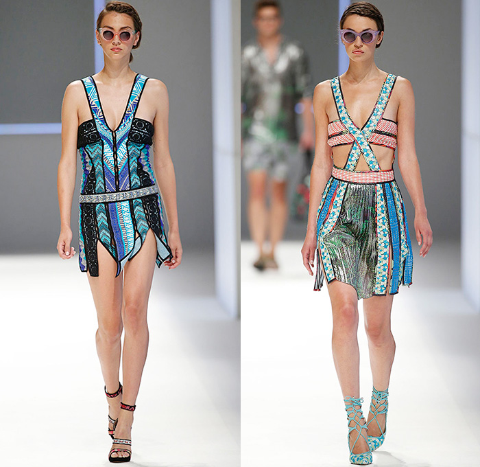 Custo Barcelona 2016 Spring Summer Womens Runway Catwalk Looks - 080 Barcelona Fashion Catalonia Catalan Spain - Jeans Sheer Chiffon Mesh Lace Lasercut Cutout Tunic Blouse Multi-Panel Mix Match Bralette Flowers Florals Leaves Foliage Print Motif Ornamental Print Swim Bikini Geometric Halter Top Maxi Dress Pants Trousers Knit Onesie Jumpsuit Coveralls Shorts Jacket Noodle Strap Fringes Handbag