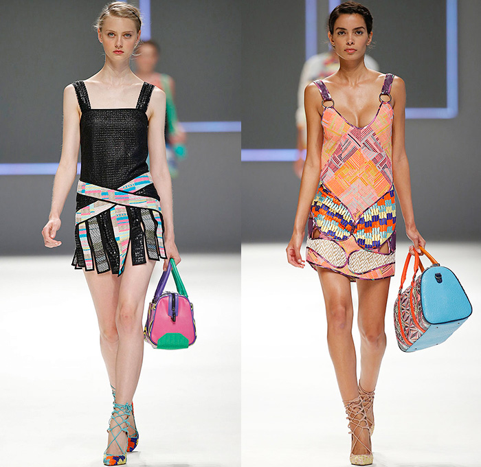 Custo Barcelona 2016 Spring Summer Womens Runway Catwalk Looks - 080 Barcelona Fashion Catalonia Catalan Spain - Jeans Sheer Chiffon Mesh Lace Lasercut Cutout Tunic Blouse Multi-Panel Mix Match Bralette Flowers Florals Leaves Foliage Print Motif Ornamental Print Swim Bikini Geometric Halter Top Maxi Dress Pants Trousers Knit Onesie Jumpsuit Coveralls Shorts Jacket Noodle Strap Fringes Handbag