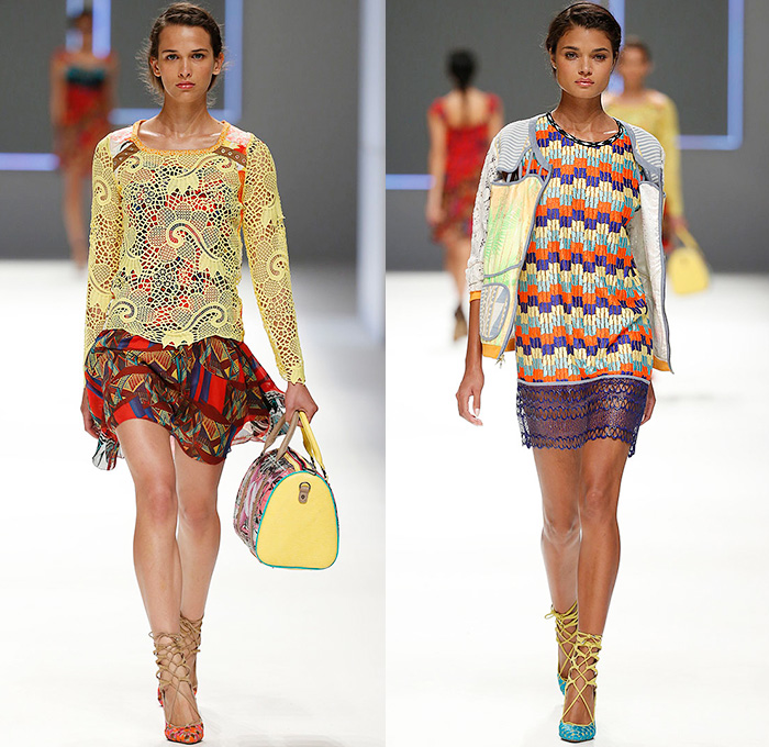 Custo Barcelona 2016 Spring Summer Womens Runway Catwalk Looks - 080 Barcelona Fashion Catalonia Catalan Spain - Jeans Sheer Chiffon Mesh Lace Lasercut Cutout Tunic Blouse Multi-Panel Mix Match Bralette Flowers Florals Leaves Foliage Print Motif Ornamental Print Swim Bikini Geometric Halter Top Maxi Dress Pants Trousers Knit Onesie Jumpsuit Coveralls Shorts Jacket Noodle Strap Fringes Handbag