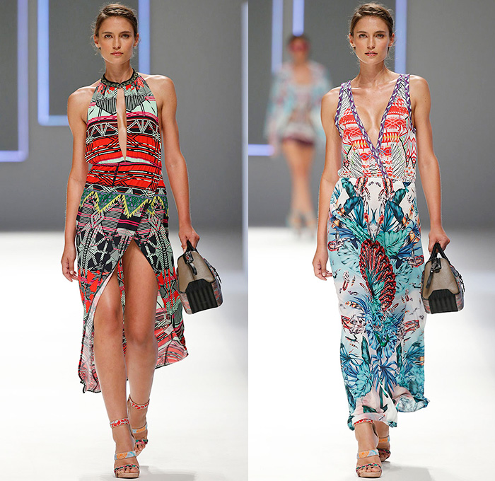 Custo Barcelona 2016 Spring Summer Womens Runway Catwalk Looks - 080 Barcelona Fashion Catalonia Catalan Spain - Jeans Sheer Chiffon Mesh Lace Lasercut Cutout Tunic Blouse Multi-Panel Mix Match Bralette Flowers Florals Leaves Foliage Print Motif Ornamental Print Swim Bikini Geometric Halter Top Maxi Dress Pants Trousers Knit Onesie Jumpsuit Coveralls Shorts Jacket Noodle Strap Fringes Handbag