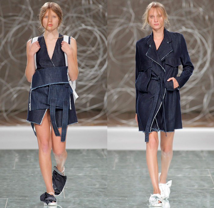 Daniela Barros 2016 Spring Summer Womens Runway Catwalk Looks - Portugal Fashion Week Porto - Denim Jeans Frayed Raw Hem Straps Kimono Wrap Vest Waistcoat Deconstructed Organic Shape Coatdress Sash Waist Peel Away Skirt Frock High Slit Pinafore Dress Crop Top Midriff Jacket Panel Cargo Pockets Half Skirt Outerwear Jacket Blouse Culottes Gauchos Fanny Pack Waist Pouch Belt Bag