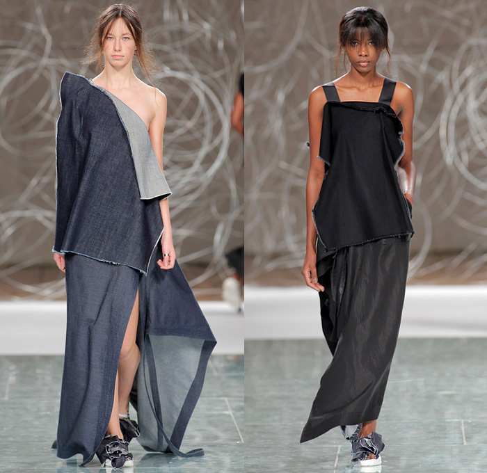 Daniela Barros 2016 Spring Summer Womens Runway Catwalk Looks - Portugal Fashion Week Porto - Denim Jeans Frayed Raw Hem Straps Kimono Wrap Vest Waistcoat Deconstructed Organic Shape Coatdress Sash Waist Peel Away Skirt Frock High Slit Pinafore Dress Crop Top Midriff Jacket Panel Cargo Pockets Half Skirt Outerwear Jacket Blouse Culottes Gauchos Fanny Pack Waist Pouch Belt Bag