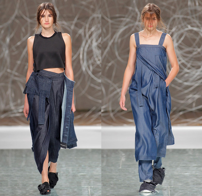 Daniela Barros 2016 Spring Summer Womens Runway Catwalk Looks - Portugal Fashion Week Porto - Denim Jeans Frayed Raw Hem Straps Kimono Wrap Vest Waistcoat Deconstructed Organic Shape Coatdress Sash Waist Peel Away Skirt Frock High Slit Pinafore Dress Crop Top Midriff Jacket Panel Cargo Pockets Half Skirt Outerwear Jacket Blouse Culottes Gauchos Fanny Pack Waist Pouch Belt Bag