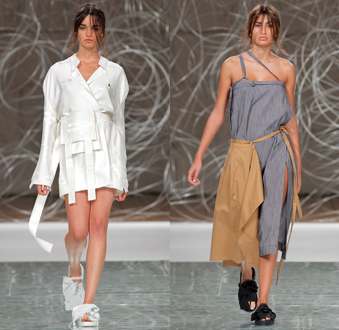 Daniela Barros 2016 Spring Summer Womens Runway Catwalk Looks - Portugal Fashion Week Porto - Denim Jeans Frayed Raw Hem Straps Kimono Wrap Vest Waistcoat Deconstructed Organic Shape Coatdress Sash Waist Peel Away Skirt Frock High Slit Pinafore Dress Crop Top Midriff Jacket Panel Cargo Pockets Half Skirt Outerwear Jacket Blouse Culottes Gauchos Fanny Pack Waist Pouch Belt Bag