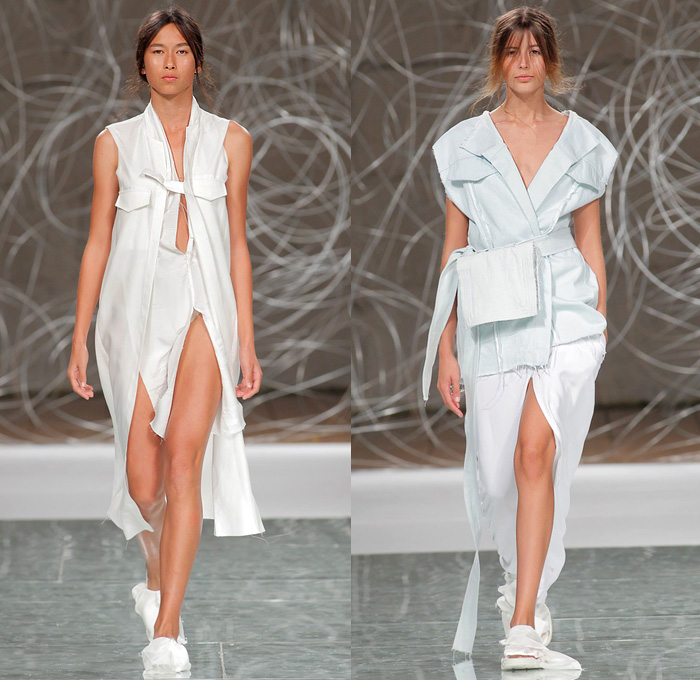 Daniela Barros 2016 Spring Summer Womens Runway Catwalk Looks - Portugal Fashion Week Porto - Denim Jeans Frayed Raw Hem Straps Kimono Wrap Vest Waistcoat Deconstructed Organic Shape Coatdress Sash Waist Peel Away Skirt Frock High Slit Pinafore Dress Crop Top Midriff Jacket Panel Cargo Pockets Half Skirt Outerwear Jacket Blouse Culottes Gauchos Fanny Pack Waist Pouch Belt Bag