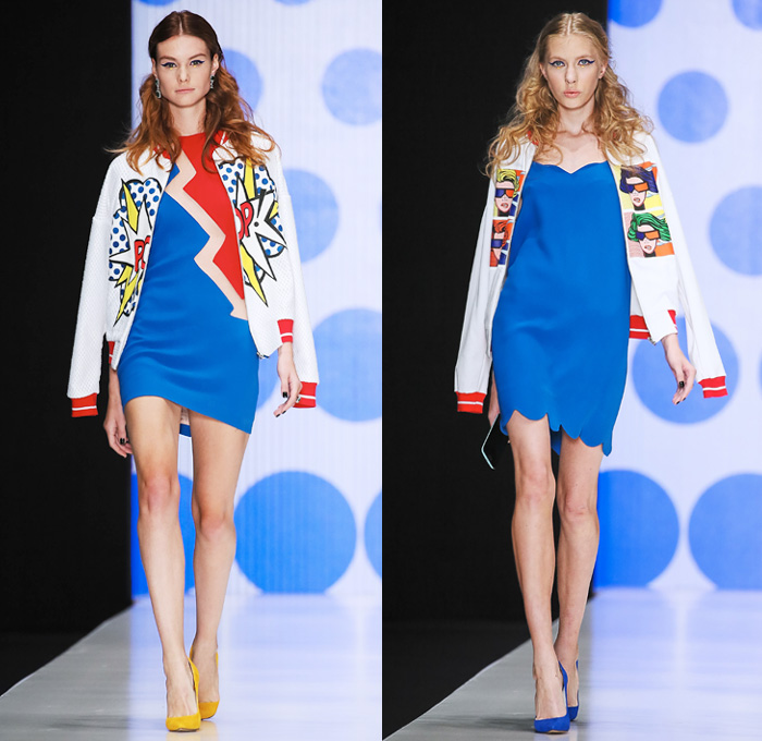 Dasha Gauser 2016 Spring Summer Womens Runway Catwalk Looks - Mercedes-Benz Fashion Week Russia - Pop Art Culture 1960s Sixties Mod Comics Geometric Bomber Jacket Cutout Hem Cutout Handkerchief Mullet Curved Hem Eyes Polka Dots Lips Face Sunglasses Miniskirt Accordion Pleats Jacket Metallic Bang Speech Cloud Caption Explosion Coatdress Stripes Bedazzled Circles One Shoulder Ruffles Vestdress Waistcoat Gown Eveningwear