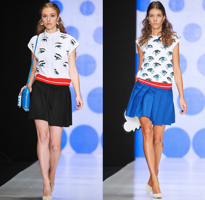 Dasha Gauser 2016 Spring Summer Womens Runway Catwalk Looks - Mercedes-Benz Fashion Week Russia - Pop Art Culture 1960s Sixties Mod Comics Geometric Bomber Jacket Cutout Hem Cutout Handkerchief Mullet Curved Hem Eyes Polka Dots Lips Face Sunglasses Miniskirt Accordion Pleats Jacket Metallic Bang Speech Cloud Caption Explosion Coatdress Stripes Bedazzled Circles One Shoulder Ruffles Vestdress Waistcoat Gown Eveningwear