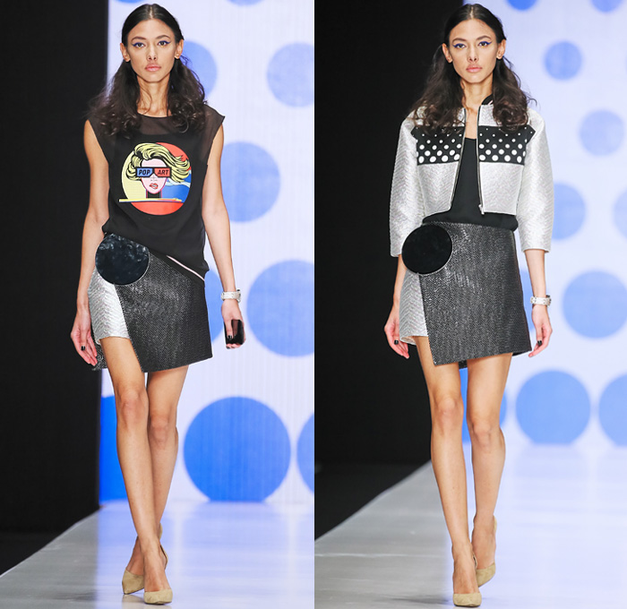 Dasha Gauser 2016 Spring Summer Womens Runway Catwalk Looks - Mercedes-Benz Fashion Week Russia - Pop Art Culture 1960s Sixties Mod Comics Geometric Bomber Jacket Cutout Hem Cutout Handkerchief Mullet Curved Hem Eyes Polka Dots Lips Face Sunglasses Miniskirt Accordion Pleats Jacket Metallic Bang Speech Cloud Caption Explosion Coatdress Stripes Bedazzled Circles One Shoulder Ruffles Vestdress Waistcoat Gown Eveningwear