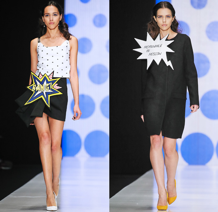 Dasha Gauser 2016 Spring Summer Womens Runway Catwalk Looks - Mercedes-Benz Fashion Week Russia - Pop Art Culture 1960s Sixties Mod Comics Geometric Bomber Jacket Cutout Hem Cutout Handkerchief Mullet Curved Hem Eyes Polka Dots Lips Face Sunglasses Miniskirt Accordion Pleats Jacket Metallic Bang Speech Cloud Caption Explosion Coatdress Stripes Bedazzled Circles One Shoulder Ruffles Vestdress Waistcoat Gown Eveningwear