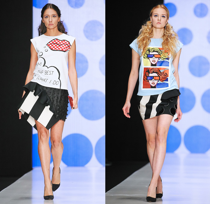 Dasha Gauser 2016 Spring Summer Womens Runway Catwalk Looks - Mercedes-Benz Fashion Week Russia - Pop Art Culture 1960s Sixties Mod Comics Geometric Bomber Jacket Cutout Hem Cutout Handkerchief Mullet Curved Hem Eyes Polka Dots Lips Face Sunglasses Miniskirt Accordion Pleats Jacket Metallic Bang Speech Cloud Caption Explosion Coatdress Stripes Bedazzled Circles One Shoulder Ruffles Vestdress Waistcoat Gown Eveningwear