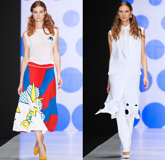 Dasha Gauser 2016 Spring Summer Womens Runway Catwalk Looks - Mercedes-Benz Fashion Week Russia - Pop Art Culture 1960s Sixties Mod Comics Geometric Bomber Jacket Cutout Hem Cutout Handkerchief Mullet Curved Hem Eyes Polka Dots Lips Face Sunglasses Miniskirt Accordion Pleats Jacket Metallic Bang Speech Cloud Caption Explosion Coatdress Stripes Bedazzled Circles One Shoulder Ruffles Vestdress Waistcoat Gown Eveningwear