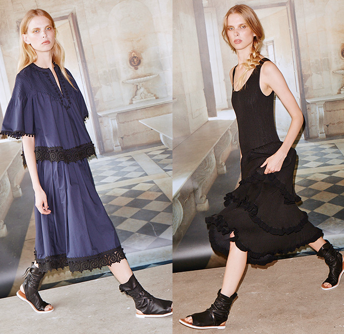 Derek Lam 10 Crosby 2016 Spring Summer Womens Lookbook Presentation - New York Fashion Week - Andalusia Spain Flamenco Moorish Architecture Denim Jeans Knit Tunic Mesh Net Shorts Cargo Pockets Lace Up Long Sleeve Caftan Kaftan Dress Fringes Tassels Stripes Lace Tiered Skirt Frock Ruffles Wide Leg Trousers Noodle Spaghetti Strap Flowers Floral Motif Embroidery Outerwear Jacket Shirtdress