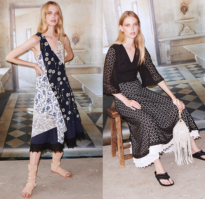 Derek Lam 10 Crosby 2016 Spring Summer Womens Lookbook Presentation - New York Fashion Week - Andalusia Spain Flamenco Moorish Architecture Denim Jeans Knit Tunic Mesh Net Shorts Cargo Pockets Lace Up Long Sleeve Caftan Kaftan Dress Fringes Tassels Stripes Lace Tiered Skirt Frock Ruffles Wide Leg Trousers Noodle Spaghetti Strap Flowers Floral Motif Embroidery Outerwear Jacket Shirtdress