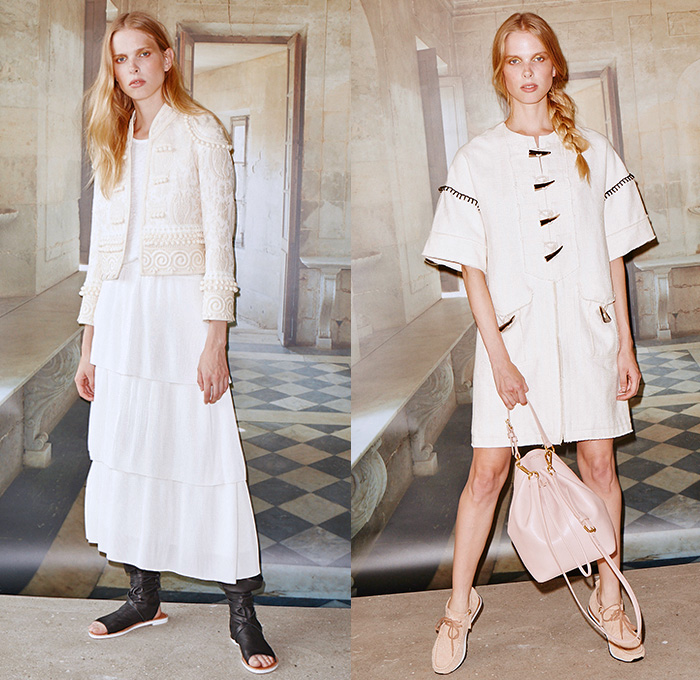 Derek Lam 10 Crosby 2016 Spring Summer Womens Lookbook Presentation - New York Fashion Week - Andalusia Spain Flamenco Moorish Architecture Denim Jeans Knit Tunic Mesh Net Shorts Cargo Pockets Lace Up Long Sleeve Caftan Kaftan Dress Fringes Tassels Stripes Lace Tiered Skirt Frock Ruffles Wide Leg Trousers Noodle Spaghetti Strap Flowers Floral Motif Embroidery Outerwear Jacket Shirtdress