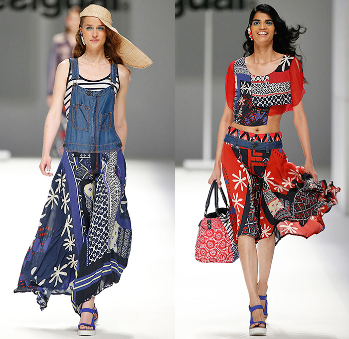 Desigual 2016 Spring Summer Womens Runway Catwalk Looks Learn - 080 Barcelona Fashion Catalonia Catalan Spain - Tropical Denim Jeans Patchwork Flowers Floral Leaves Foliage Mix Match Prints Ornamental Sheer Chiffon Mesh Lace Noodle Spaghetti Strap Knit Blouse Crop Top Midriff Culottes Gauchos Dress Skirt Frock Stripes Asymmetrical Handkerchief Curved Hem Fringes Pants Trousers Moto Biker Tunic Fruits Tiered Straw Hat