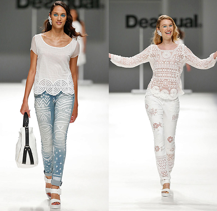 Desigual 2016 Spring Summer Womens Runway Catwalk Looks Learn - 080 Barcelona Fashion Catalonia Catalan Spain - Tropical Denim Jeans Patchwork Flowers Floral Leaves Foliage Mix Match Prints Ornamental Sheer Chiffon Mesh Lace Noodle Spaghetti Strap Knit Blouse Crop Top Midriff Culottes Gauchos Dress Skirt Frock Stripes Asymmetrical Handkerchief Curved Hem Fringes Pants Trousers Moto Biker Tunic Fruits Tiered Straw Hat