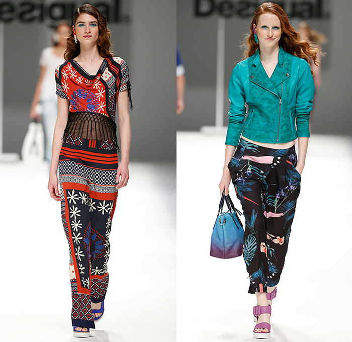 Desigual 2016 Spring Summer Womens Runway Catwalk Looks Learn - 080 Barcelona Fashion Catalonia Catalan Spain - Tropical Denim Jeans Patchwork Flowers Floral Leaves Foliage Mix Match Prints Ornamental Sheer Chiffon Mesh Lace Noodle Spaghetti Strap Knit Blouse Crop Top Midriff Culottes Gauchos Dress Skirt Frock Stripes Asymmetrical Handkerchief Curved Hem Fringes Pants Trousers Moto Biker Tunic Fruits Tiered Straw Hat