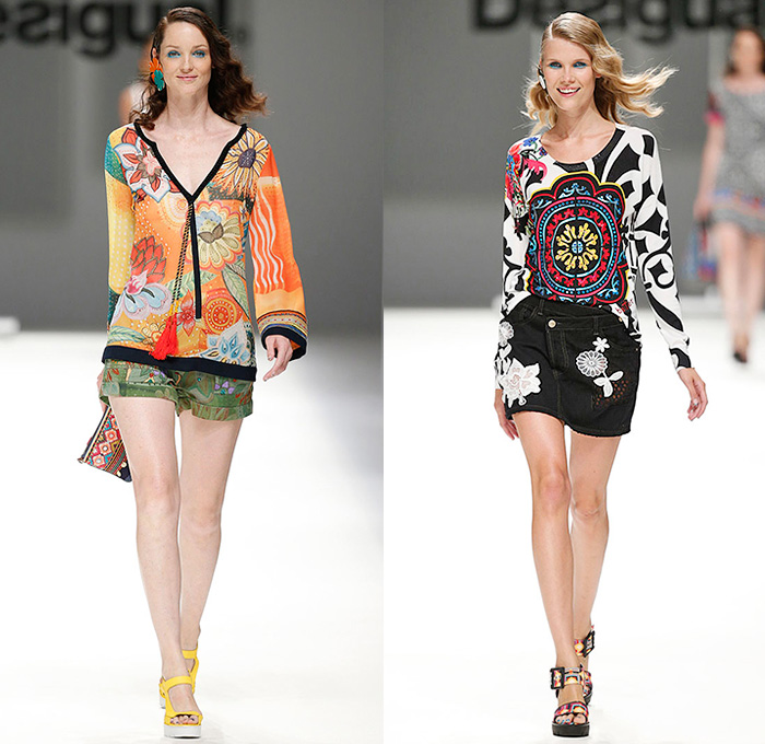 Desigual 2016 Spring Summer Womens Runway Catwalk Looks Learn - 080 Barcelona Fashion Catalonia Catalan Spain - Tropical Denim Jeans Patchwork Flowers Floral Leaves Foliage Mix Match Prints Ornamental Sheer Chiffon Mesh Lace Noodle Spaghetti Strap Knit Blouse Crop Top Midriff Culottes Gauchos Dress Skirt Frock Stripes Asymmetrical Handkerchief Curved Hem Fringes Pants Trousers Moto Biker Tunic Fruits Tiered Straw Hat