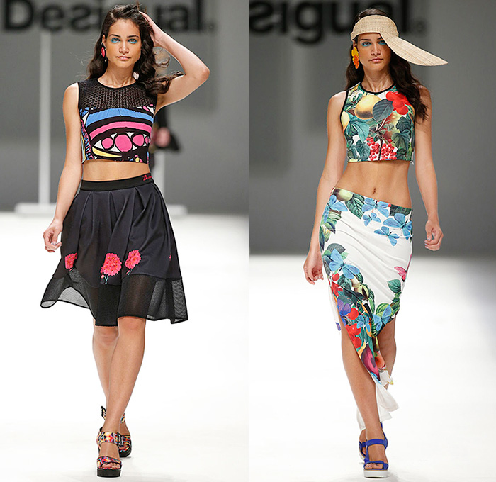 Desigual 2016 Spring Summer Womens Runway Catwalk Looks Learn - 080 Barcelona Fashion Catalonia Catalan Spain - Tropical Denim Jeans Patchwork Flowers Floral Leaves Foliage Mix Match Prints Ornamental Sheer Chiffon Mesh Lace Noodle Spaghetti Strap Knit Blouse Crop Top Midriff Culottes Gauchos Dress Skirt Frock Stripes Asymmetrical Handkerchief Curved Hem Fringes Pants Trousers Moto Biker Tunic Fruits Tiered Straw Hat