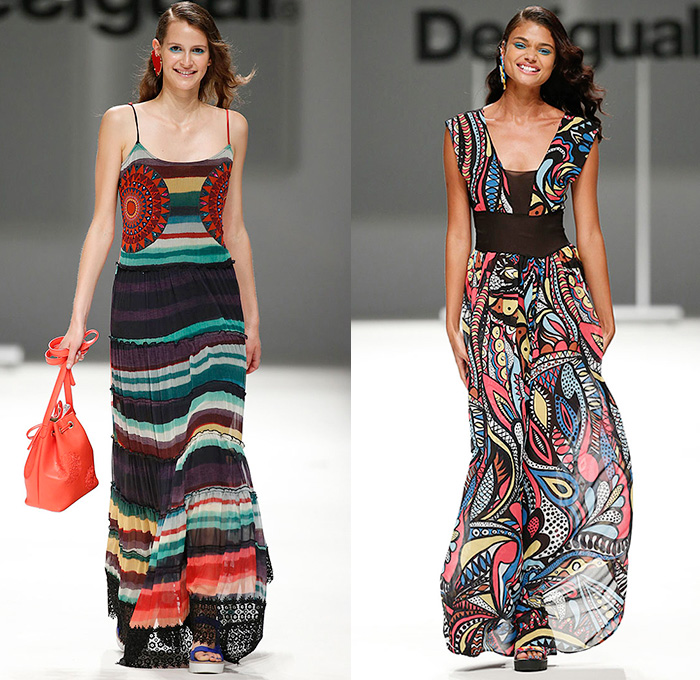 Desigual 2016 Spring Summer Womens Runway Catwalk Looks Learn - 080 Barcelona Fashion Catalonia Catalan Spain - Tropical Denim Jeans Patchwork Flowers Floral Leaves Foliage Mix Match Prints Ornamental Sheer Chiffon Mesh Lace Noodle Spaghetti Strap Knit Blouse Crop Top Midriff Culottes Gauchos Dress Skirt Frock Stripes Asymmetrical Handkerchief Curved Hem Fringes Pants Trousers Moto Biker Tunic Fruits Tiered Straw Hat