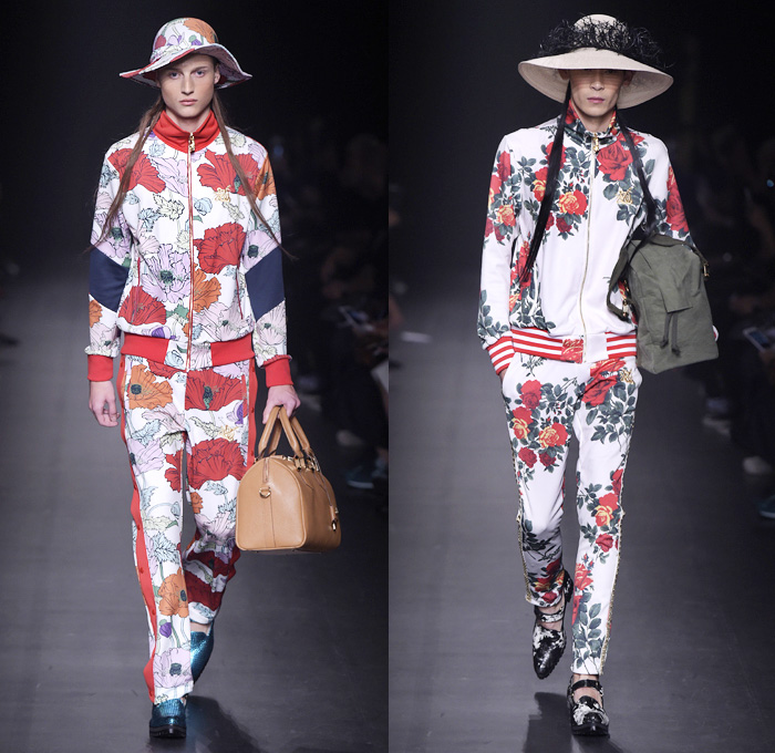 DressCamp by Toshikazu Iwaya 2016 Spring Summer Mens Runway Catwalk Looks - Mercedes-Benz Fashion Week Tokyo Japan - Androgyny Bucket Hat Track Jacket Flowers Floral Print Graphic Pattern Motif Long Shirt Geometric Shorts Socks Stripes Outerwear Trench Coat Blazer Jacket Denim Jeans Jeanswear Skinny Cigarette Embroidery Bedazzled Sequins Metallic Gold Moto Biker