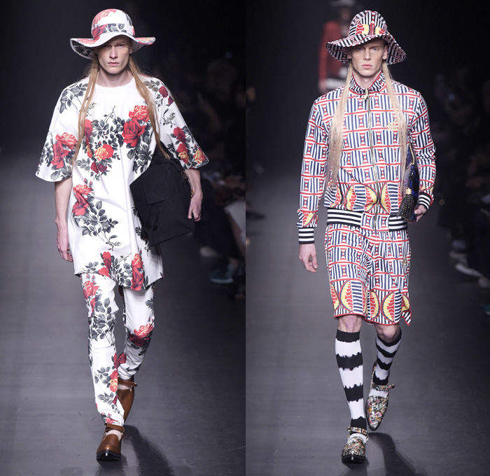 DressCamp by Toshikazu Iwaya 2016 Spring Summer Mens Runway Catwalk Looks - Mercedes-Benz Fashion Week Tokyo Japan - Androgyny Bucket Hat Track Jacket Flowers Floral Print Graphic Pattern Motif Long Shirt Geometric Shorts Socks Stripes Outerwear Trench Coat Blazer Jacket Denim Jeans Jeanswear Skinny Cigarette Embroidery Bedazzled Sequins Metallic Gold Moto Biker