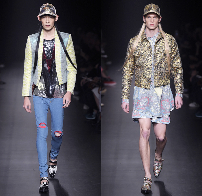 DressCamp by Toshikazu Iwaya 2016 Spring Summer Mens Runway Catwalk Looks - Mercedes-Benz Fashion Week Tokyo Japan - Androgyny Bucket Hat Track Jacket Flowers Floral Print Graphic Pattern Motif Long Shirt Geometric Shorts Socks Stripes Outerwear Trench Coat Blazer Jacket Denim Jeans Jeanswear Skinny Cigarette Embroidery Bedazzled Sequins Metallic Gold Moto Biker