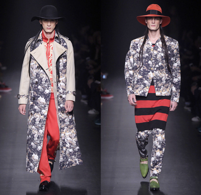 DressCamp by Toshikazu Iwaya 2016 Spring Summer Mens Runway Catwalk Looks - Mercedes-Benz Fashion Week Tokyo Japan - Androgyny Bucket Hat Track Jacket Flowers Floral Print Graphic Pattern Motif Long Shirt Geometric Shorts Socks Stripes Outerwear Trench Coat Blazer Jacket Denim Jeans Jeanswear Skinny Cigarette Embroidery Bedazzled Sequins Metallic Gold Moto Biker