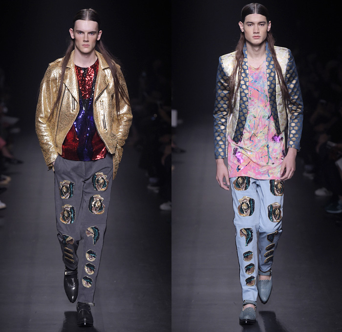 DressCamp by Toshikazu Iwaya 2016 Spring Summer Mens Runway Catwalk Looks - Mercedes-Benz Fashion Week Tokyo Japan - Androgyny Bucket Hat Track Jacket Flowers Floral Print Graphic Pattern Motif Long Shirt Geometric Shorts Socks Stripes Outerwear Trench Coat Blazer Jacket Denim Jeans Jeanswear Skinny Cigarette Embroidery Bedazzled Sequins Metallic Gold Moto Biker