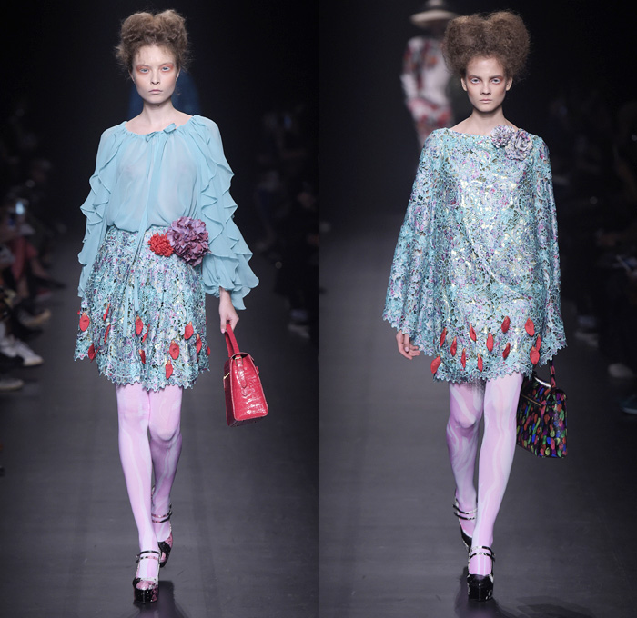 DressCamp by Toshikazu Iwaya 2016 Spring Summer Womens Runway Catwalk Looks - Mercedes-Benz Fashion Week Tokyo Japan - Dress Ribbon Ruffles Leggings Tights Flowers Floral Print Motif Embroidery Petal Embellishments Adornments Sheer Chiffon Lace Quilted Bomber Jacket Outerwear Silk Satin Skirt Frock Tiered Handbag