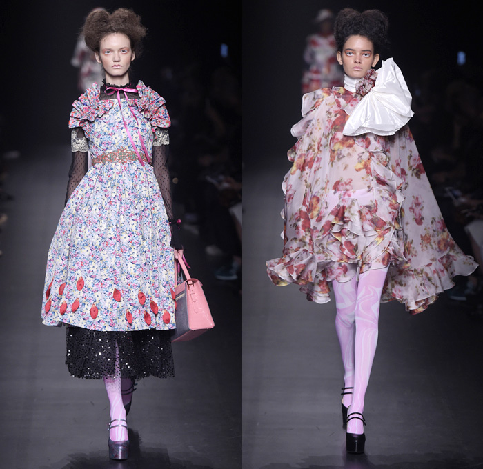 DressCamp by Toshikazu Iwaya 2016 Spring Summer Womens Runway Catwalk Looks - Mercedes-Benz Fashion Week Tokyo Japan - Dress Ribbon Ruffles Leggings Tights Flowers Floral Print Motif Embroidery Petal Embellishments Adornments Sheer Chiffon Lace Quilted Bomber Jacket Outerwear Silk Satin Skirt Frock Tiered Handbag