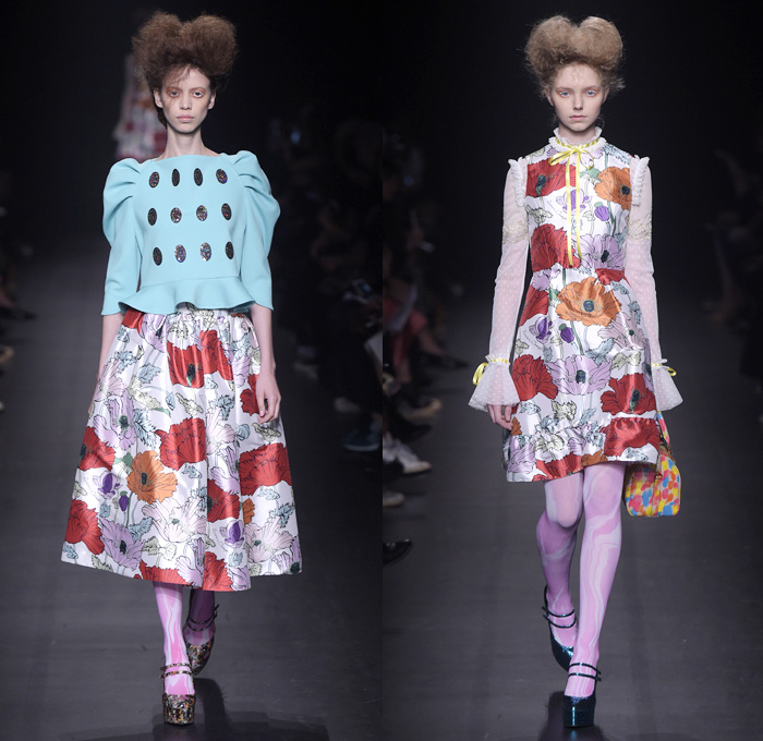 DressCamp by Toshikazu Iwaya 2016 Spring Summer Womens Runway Catwalk Looks - Mercedes-Benz Fashion Week Tokyo Japan - Dress Ribbon Ruffles Leggings Tights Flowers Floral Print Motif Embroidery Petal Embellishments Adornments Sheer Chiffon Lace Quilted Bomber Jacket Outerwear Silk Satin Skirt Frock Tiered Handbag