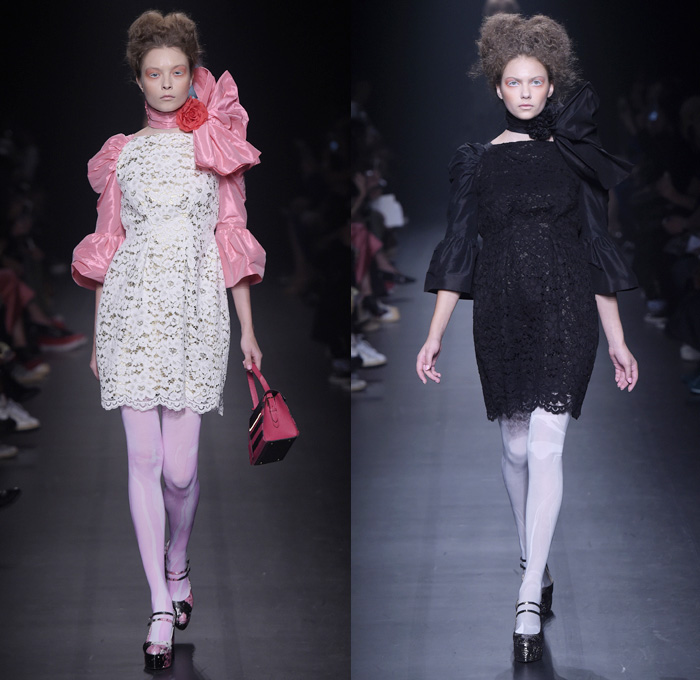 DressCamp by Toshikazu Iwaya 2016 Spring Summer Womens Runway Catwalk Looks - Mercedes-Benz Fashion Week Tokyo Japan - Dress Ribbon Ruffles Leggings Tights Flowers Floral Print Motif Embroidery Petal Embellishments Adornments Sheer Chiffon Lace Quilted Bomber Jacket Outerwear Silk Satin Skirt Frock Tiered Handbag