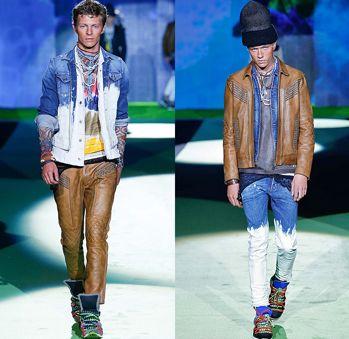 Dsquared2 2016 Spring Summer Mens Runway Catwalk Looks - Milano Moda Uomo Collezione Milan Fashion Week Italy - Denim Jeans Surf Metallic Studs Cloak Poncho Tribal Ethnic Native American Coat Vest Runners Trainers Tank Top Neoprene Boots Leaves Foliage Baggy Loose Skinny Palm Trees Tattoo Sweater Mesh Wetsuit Bag Backpack Necklace Tie-Dye Watercolor Blots Moto Biker Leather Ombre Dip Dyed Acid Wash Cargo Pockets