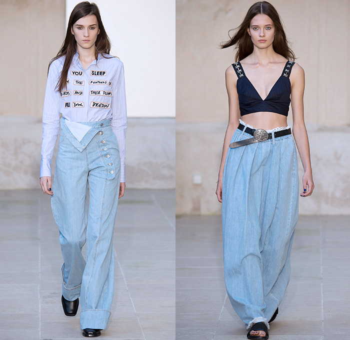 Each x Other 2016 Spring Summer Womens Runway Catwalk Looks - Mode à Paris Fashion Week Mode Féminin France - Denim Jeans Wide Leg Trousers Palazzo Pants Blouse Long Sleeve Stripes Straps Typography Crop Top Midriff Hooks Feathers Fringes Frayed Raw Hem Strapless Corset Cutout Snap Buttons Vest Knit Crochet Lace Noodle Strap Dress Motorcycle Biker Leather Ruffles Bomber Jacket Pantsuit Leaves Shorts