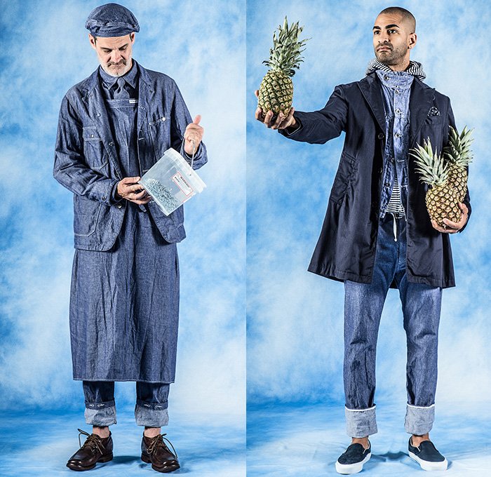 Engineered Garments Daiki Suzuki 2016 Spring Summer Mens Lookbook Presentation - New York Fashion Week Mens - Denim Jeans Apron Bib Worker Newspaper Boy Cap Fold Up Outerwear Coat Jacket Parka Anorak Cargo Utility Pockets Necktie Hoodie Seersucker Stripes Pineapple Sneakers Blazer Dad Shorts Bucket Hat Animals Sea Ocean Aquatic Dolphins Fish White Ensemble Onesie Jumpsuit Coveralls Romper Scarf Polka Dots Plaid