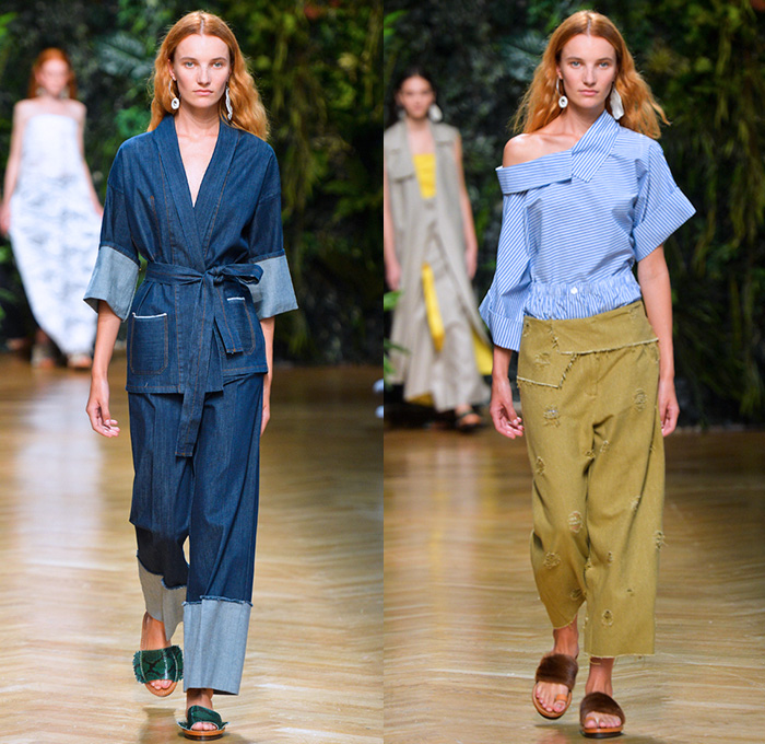 Erika Cavallini 2016 Spring Summer Womens Runway Catwalk Looks - Milano Moda Donna Collezione Milan Fashion Week Italy - Denim Jeans Frayed Raw Hem Wide Leg Trousers Palazzo Pants Culottes Coat Jacket Blazer Sleeveless Skirt Frock Handkerchief Hem Blouse Tankdress V-Neck Lace Noodle Spaghetti Strap Dress Strapless Gold Metallic Silk Satin Halter Top Crop Top Midriff Pantsuit One Shoulder Leaves Foliage Reptile Snake Fringes