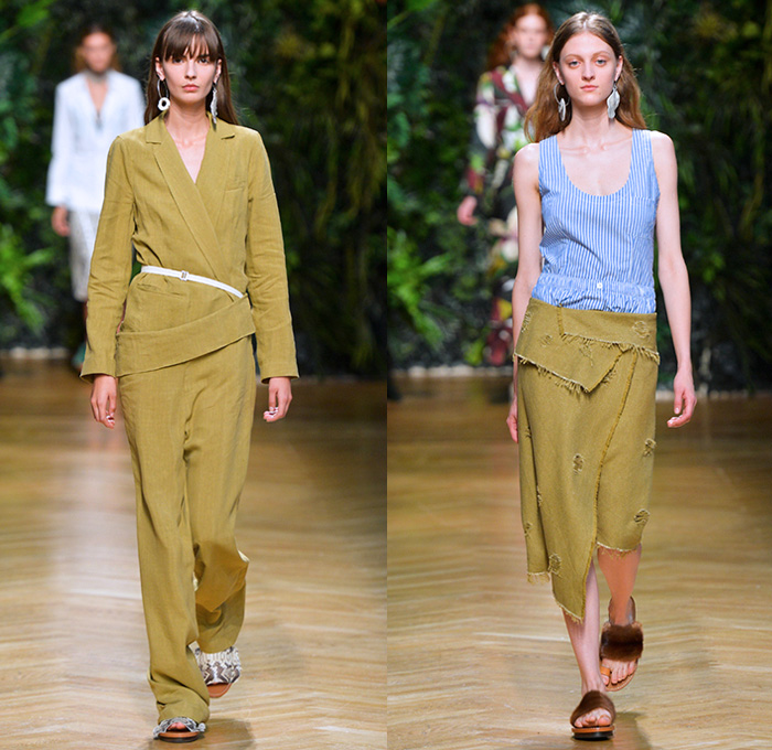 Erika Cavallini 2016 Spring Summer Womens Runway Catwalk Looks - Milano Moda Donna Collezione Milan Fashion Week Italy - Denim Jeans Frayed Raw Hem Wide Leg Trousers Palazzo Pants Culottes Coat Jacket Blazer Sleeveless Skirt Frock Handkerchief Hem Blouse Tankdress V-Neck Lace Noodle Spaghetti Strap Dress Strapless Gold Metallic Silk Satin Halter Top Crop Top Midriff Pantsuit One Shoulder Leaves Foliage Reptile Snake Fringes