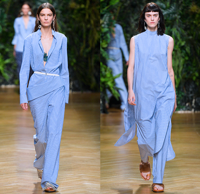 Erika Cavallini 2016 Spring Summer Womens Runway Catwalk Looks - Milano Moda Donna Collezione Milan Fashion Week Italy - Denim Jeans Frayed Raw Hem Wide Leg Trousers Palazzo Pants Culottes Coat Jacket Blazer Sleeveless Skirt Frock Handkerchief Hem Blouse Tankdress V-Neck Lace Noodle Spaghetti Strap Dress Strapless Gold Metallic Silk Satin Halter Top Crop Top Midriff Pantsuit One Shoulder Leaves Foliage Reptile Snake Fringes