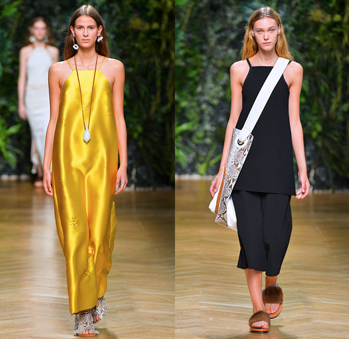 Erika Cavallini 2016 Spring Summer Womens Runway Catwalk Looks - Milano Moda Donna Collezione Milan Fashion Week Italy - Denim Jeans Frayed Raw Hem Wide Leg Trousers Palazzo Pants Culottes Coat Jacket Blazer Sleeveless Skirt Frock Handkerchief Hem Blouse Tankdress V-Neck Lace Noodle Spaghetti Strap Dress Strapless Gold Metallic Silk Satin Halter Top Crop Top Midriff Pantsuit One Shoulder Leaves Foliage Reptile Snake Fringes