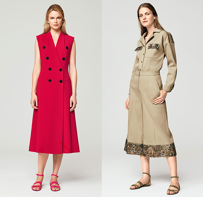 Escada 2016 Spring Summer Womens Lookbook Presentation - New York Fashion Week - Carnations Flowers Floral Motif Day Dress Shirtdress Waistcoatdress Wide Leg Trousers Palazzo Pants Culottes Cargo Pockets Long Sleeve Blouse Outerwear Jacket Blazer Geometric Ornamental Print Pantsuit Fringes Asymmetrical Hem Mesh Wrap Drapery Gown Eveningwear Knit Noodle Spaghetti Strap Sequins Hanging Sleeve