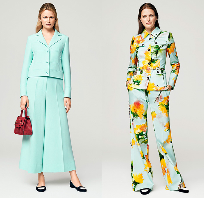 Escada 2016 Spring Summer Womens Lookbook Presentation - New York Fashion Week - Carnations Flowers Floral Motif Day Dress Shirtdress Waistcoatdress Wide Leg Trousers Palazzo Pants Culottes Cargo Pockets Long Sleeve Blouse Outerwear Jacket Blazer Geometric Ornamental Print Pantsuit Fringes Asymmetrical Hem Mesh Wrap Drapery Gown Eveningwear Knit Noodle Spaghetti Strap Sequins Hanging Sleeve