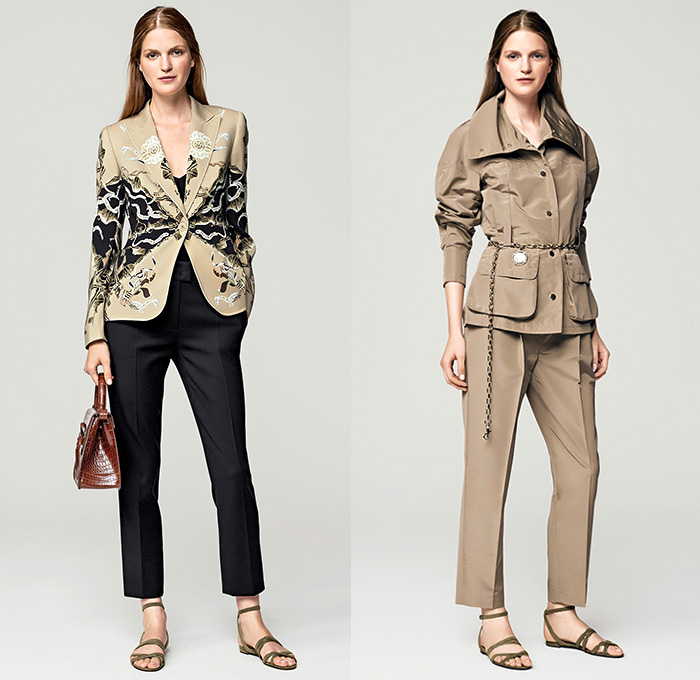 Escada 2016 Spring Summer Womens Lookbook Presentation - New York Fashion Week - Carnations Flowers Floral Motif Day Dress Shirtdress Waistcoatdress Wide Leg Trousers Palazzo Pants Culottes Cargo Pockets Long Sleeve Blouse Outerwear Jacket Blazer Geometric Ornamental Print Pantsuit Fringes Asymmetrical Hem Mesh Wrap Drapery Gown Eveningwear Knit Noodle Spaghetti Strap Sequins Hanging Sleeve