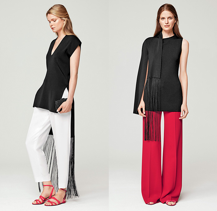 Escada 2016 Spring Summer Womens Lookbook Presentation - New York Fashion Week - Carnations Flowers Floral Motif Day Dress Shirtdress Waistcoatdress Wide Leg Trousers Palazzo Pants Culottes Cargo Pockets Long Sleeve Blouse Outerwear Jacket Blazer Geometric Ornamental Print Pantsuit Fringes Asymmetrical Hem Mesh Wrap Drapery Gown Eveningwear Knit Noodle Spaghetti Strap Sequins Hanging Sleeve