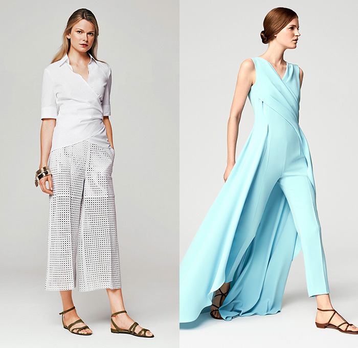 Escada 2016 Spring Summer Womens Lookbook Presentation - New York Fashion Week - Carnations Flowers Floral Motif Day Dress Shirtdress Waistcoatdress Wide Leg Trousers Palazzo Pants Culottes Cargo Pockets Long Sleeve Blouse Outerwear Jacket Blazer Geometric Ornamental Print Pantsuit Fringes Asymmetrical Hem Mesh Wrap Drapery Gown Eveningwear Knit Noodle Spaghetti Strap Sequins Hanging Sleeve