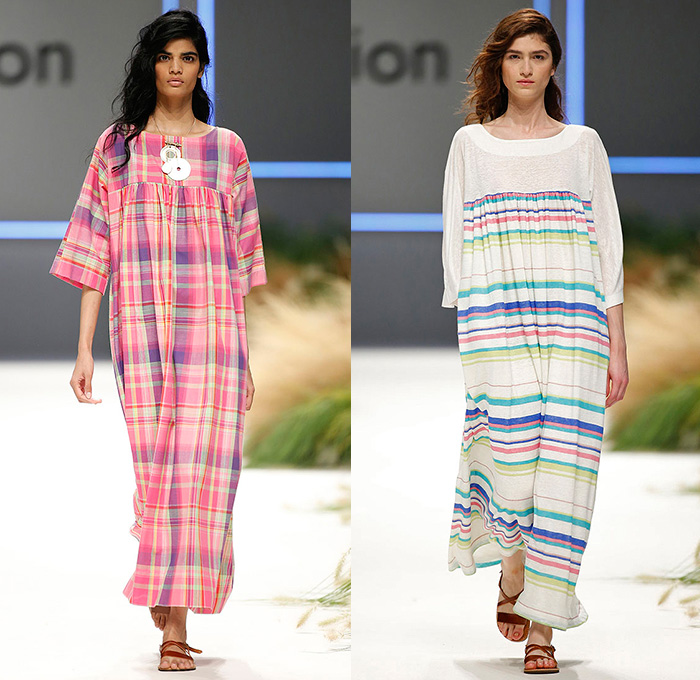 Escorpion 2016 Spring Summer Womens Runway Catwalk Looks - 080 Barcelona Fashion Catalonia Catalan Spain - Rooftop Garden Plaid Check Tartan Shirtdress Popover Tunicdress Sandals Stripes Chunky Knit Bouclé Basketweave Sheer Chiffon Mesh Sleepwear Lounge Cardigan Jacket Outerwear Coat Frayed Raw Hem Halter Top Pinafore Skirt Frock Brace Blouse Slouchy 