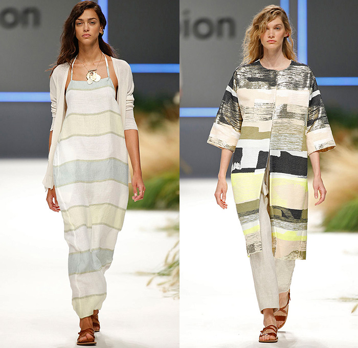 Escorpion 2016 Spring Summer Womens Runway Catwalk Looks - 080 Barcelona Fashion Catalonia Catalan Spain - Rooftop Garden Plaid Check Tartan Shirtdress Popover Tunicdress Sandals Stripes Chunky Knit Bouclé Basketweave Sheer Chiffon Mesh Sleepwear Lounge Cardigan Jacket Outerwear Coat Frayed Raw Hem Halter Top Pinafore Skirt Frock Brace Blouse Slouchy 