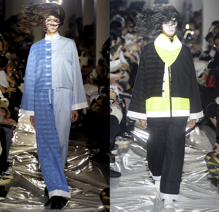 FACETASM by Hiromichi Ochiai 2016 Spring Summer Womens Runway Catwalk Looks - Mercedes-Benz Fashion Week Tokyo Japan - Blown Away Windswept Mandarin Collar Ribbon Tie Up Knots Blouse Pants Trousers Squares Skirt Frock Socks With Sandals Accordion Pleats Tunic Wide Leg Trousers Palazzo Pants Oversized Bell Sleeves Neon Ruffles Drapery Half Skirt Panel Crop Top Midriff Bomber Jacket V-Neck Tiered Slouchy Check